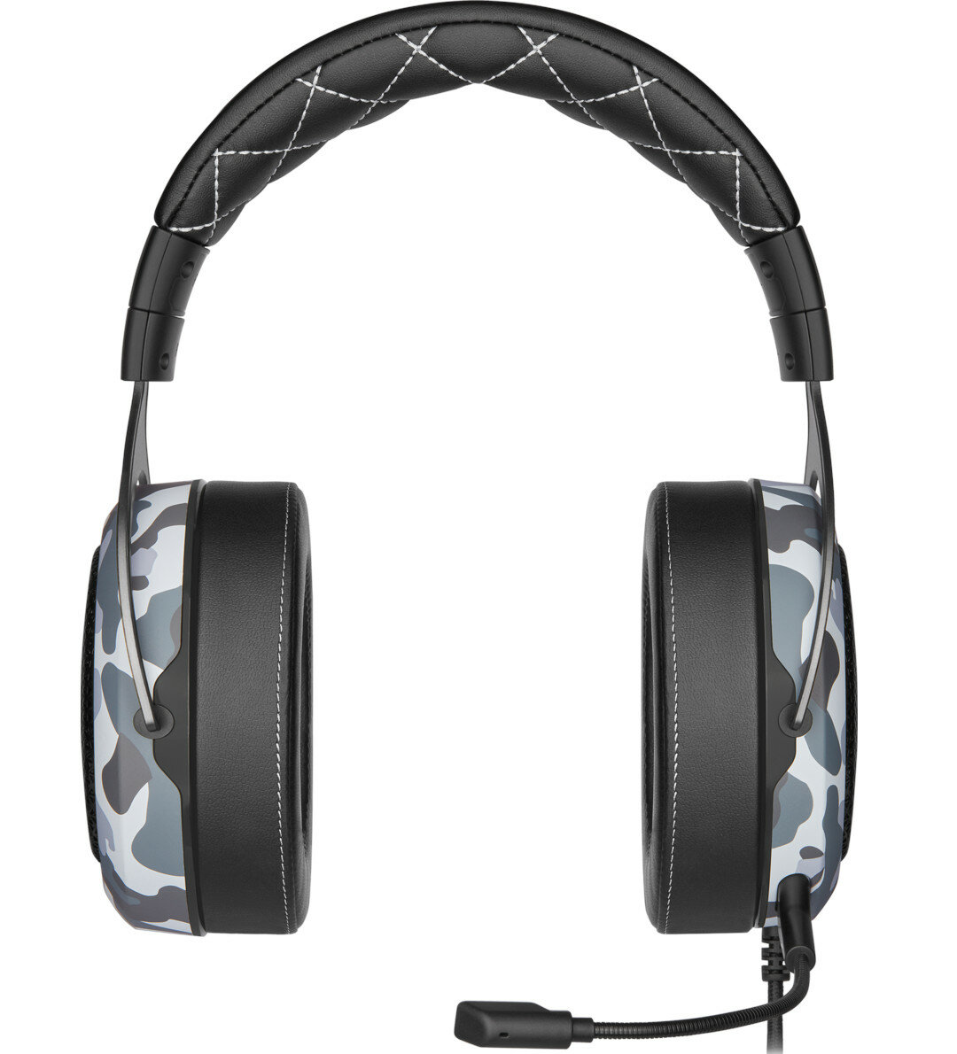 Nauszny zestaw słuchawkowy do gier z kamuflażowymi nausznikami, białymi szwami i mikrofonem.