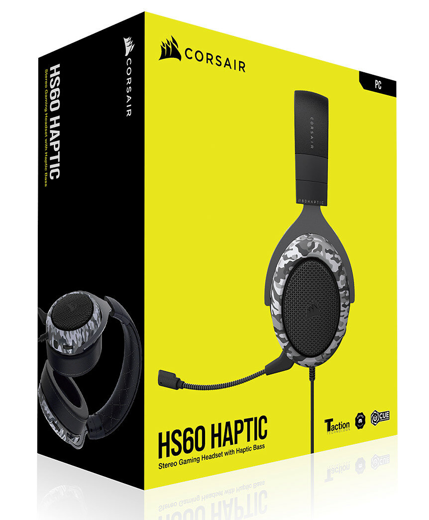 Pudełko z zestawem słuchawkowym. Szaro-czarny zestaw słuchawkowy z kamuflażem. Marka Corsair. HS60 HAPTIC.