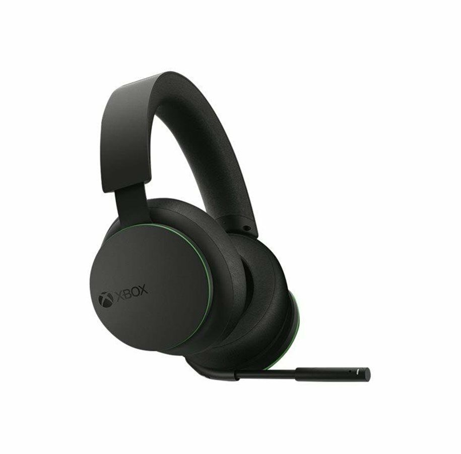Czarne słuchawki dla graczy Xbox z zielonymi akcentami. Posiadają mikrofon i logo Xbox na nauszniku.