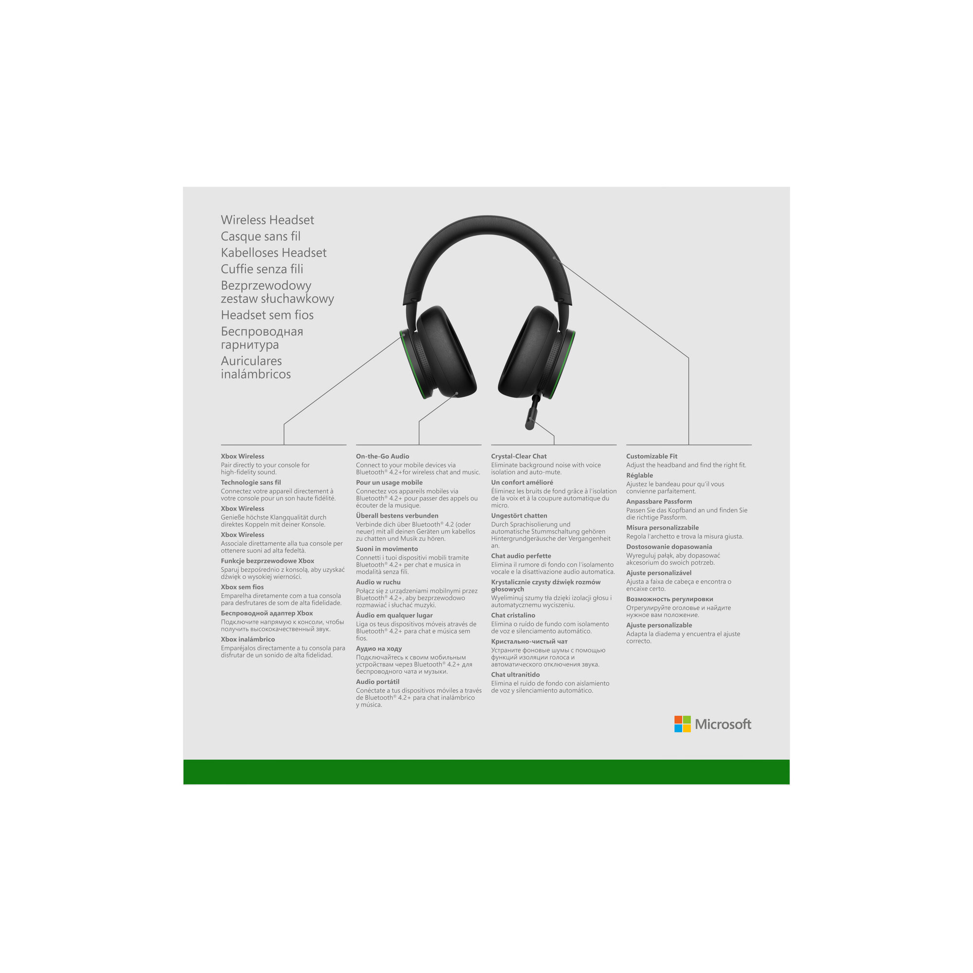 Czarne bezprzewodowe słuchawki z zielonymi akcentami na białym tle. Tekst i logo Microsoft.