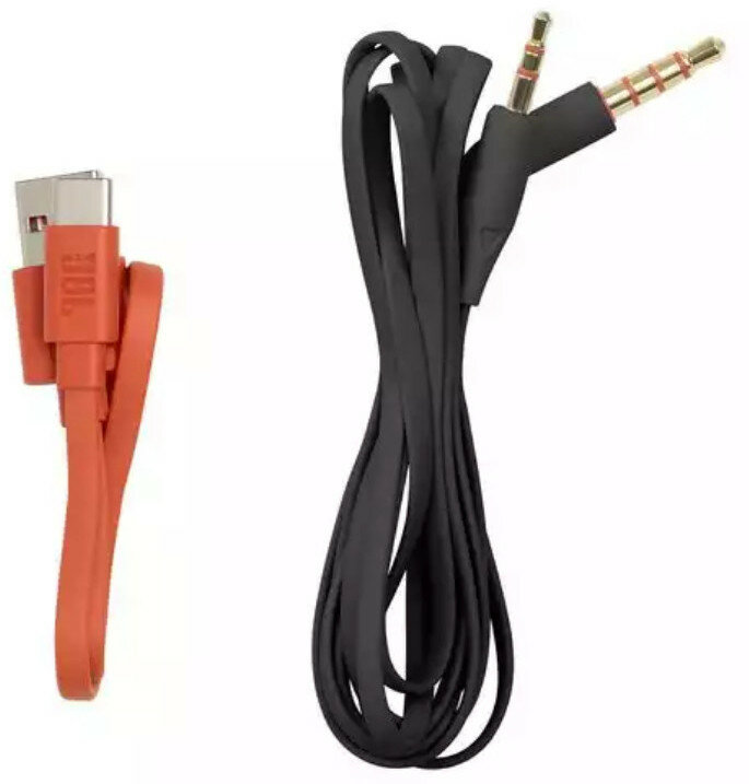 Pomarańczowy kabel USB i czarny kabel audio ze złotymi złączami. JBL.