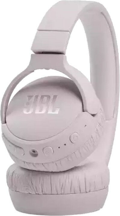 Różowe słuchawki JBL z logo JBL na nausznikach. Na prawym nauszniku znajdują się przyciski i światła.