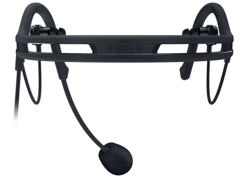 Czarny zestaw słuchawkowy Razer do gier z mikrofonem. Zestaw słuchawkowy ma unikalny design.