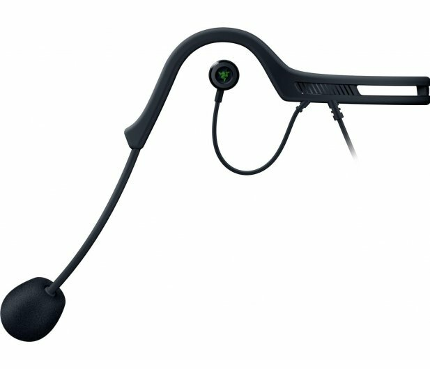 Czarny zestaw słuchawkowy z elastycznym ramieniem mikrofonu i logo Razer. Zestaw słuchawkowy ma elegancki wygląd.