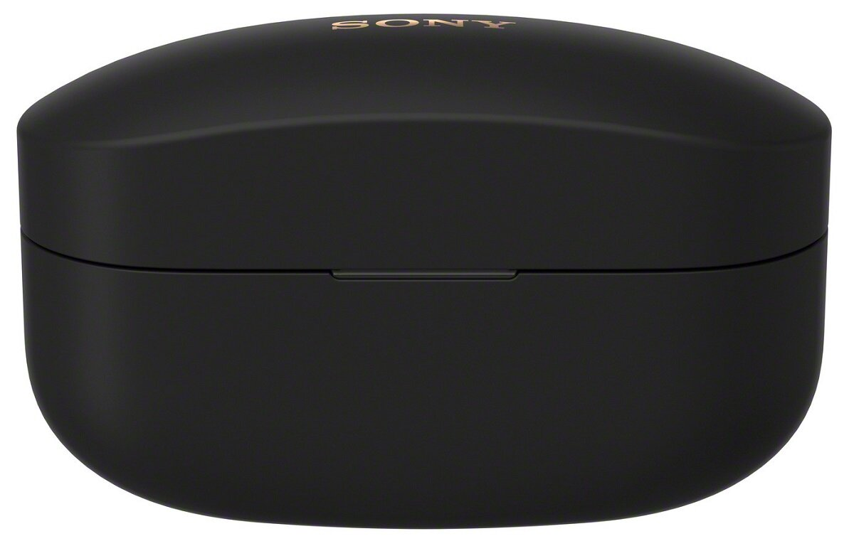 Zamknięte czarne etui ładujące słuchawek Sony ze złotym logo Sony.