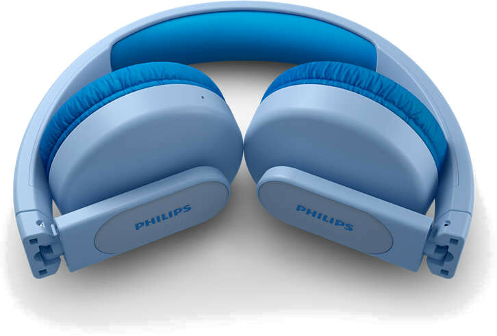 Niebieskie i jasnoniebieskie słuchawki Philips, złożone, na białym tle.