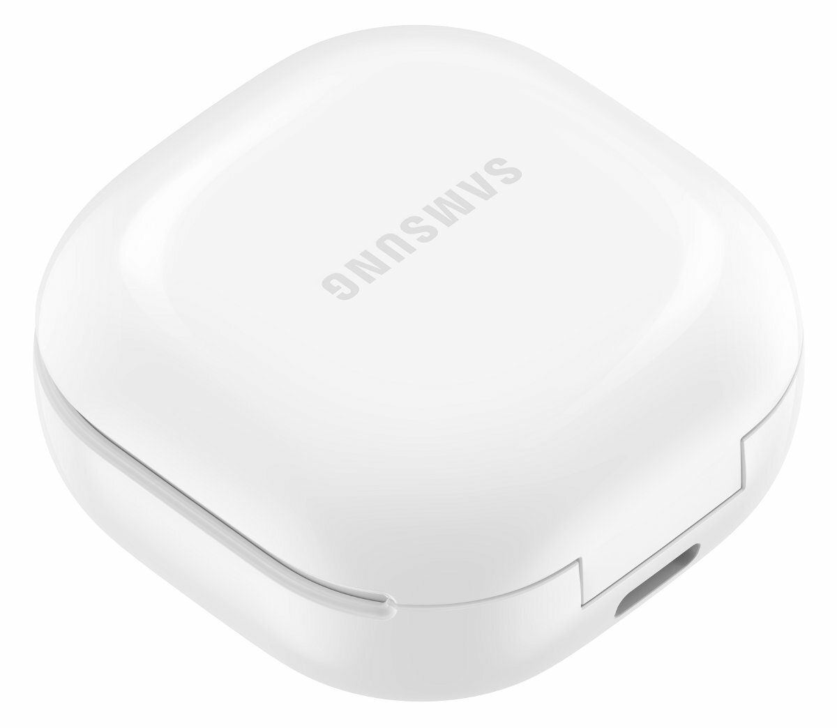 Białe etui na słuchawki Samsung, widok pod kątem, na białym tle.