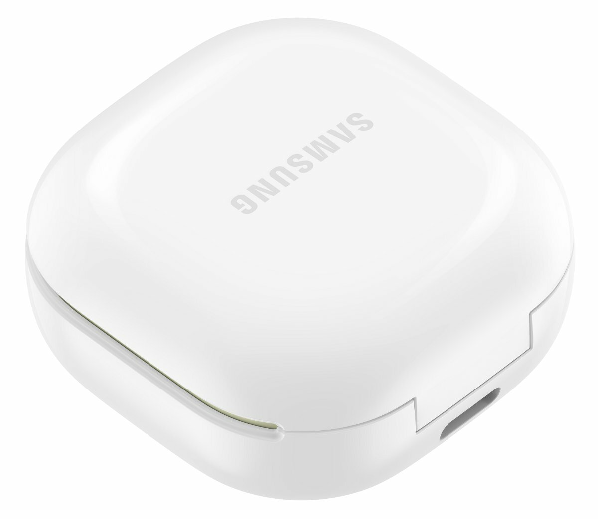 Białe, kwadratowe etui Samsung Galaxy Buds. Nazwa marki jest wydrukowana na górze.