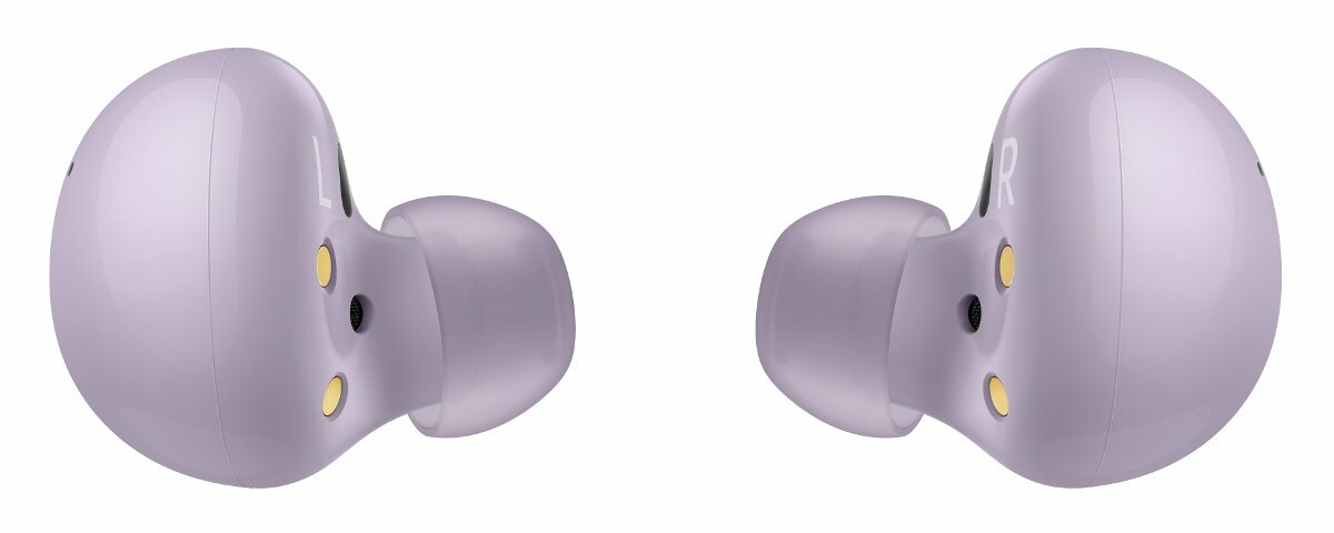 Dwa fioletowe Samsung Galaxy Buds. Widoczne oznaczenia 'L' i 'R'.