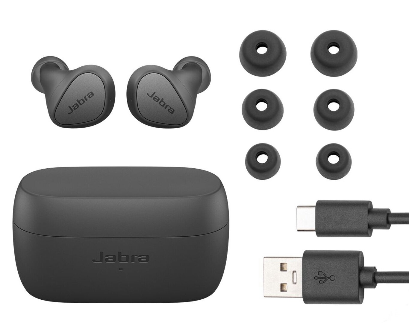 Czarne słuchawki Jabra, etui ładujące i akcesoria na białym tle.