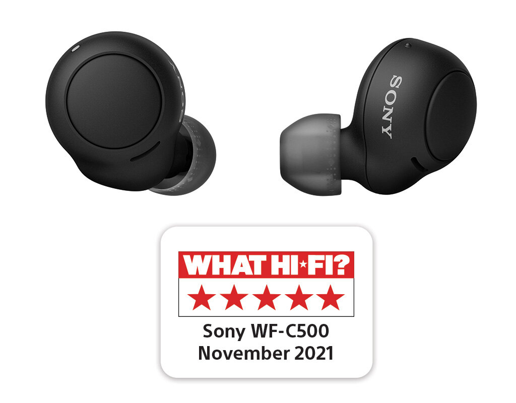 Czarne słuchawki Sony z naklejką 'What Hi-Fi?'. Białe tło.
