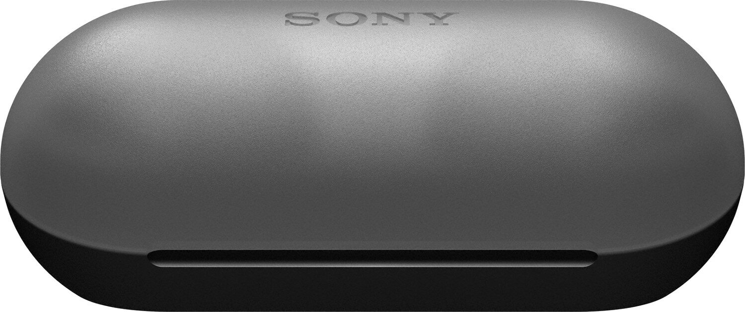 Ciemnoszara, owalna obudowa ładująca słuchawki. Logo Sony na górze.