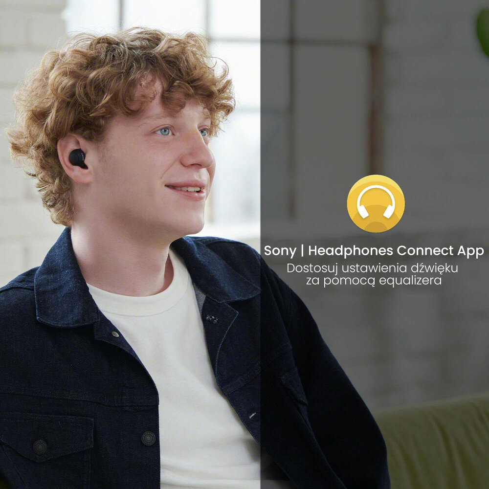 Mężczyzna w słuchawkach uśmiecha się. Tekst: Sony | Headphones Connect App. Dostosuj ustawienia dźwięku za pomocą korektora.