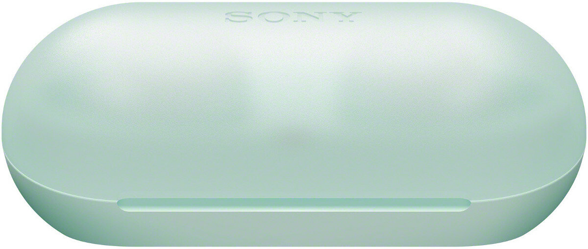 Zamknięte jasnozielone etui na słuchawki. Etui ma logo Sony na górze.