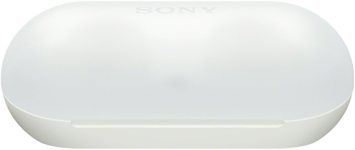 Białe owalne etui ładujące do słuchawek dousznych ze słowem "SONY" na górze.