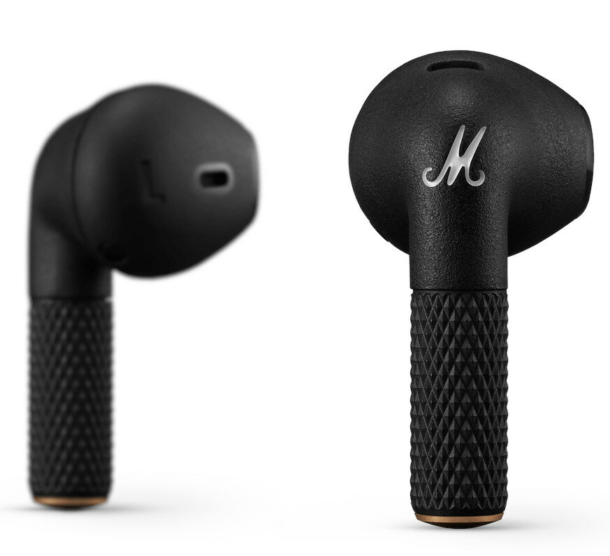 Para czarnych słuchawek Marshall z logo 'M', teksturowanymi szypułkami i złotymi akcentami, białe tło.