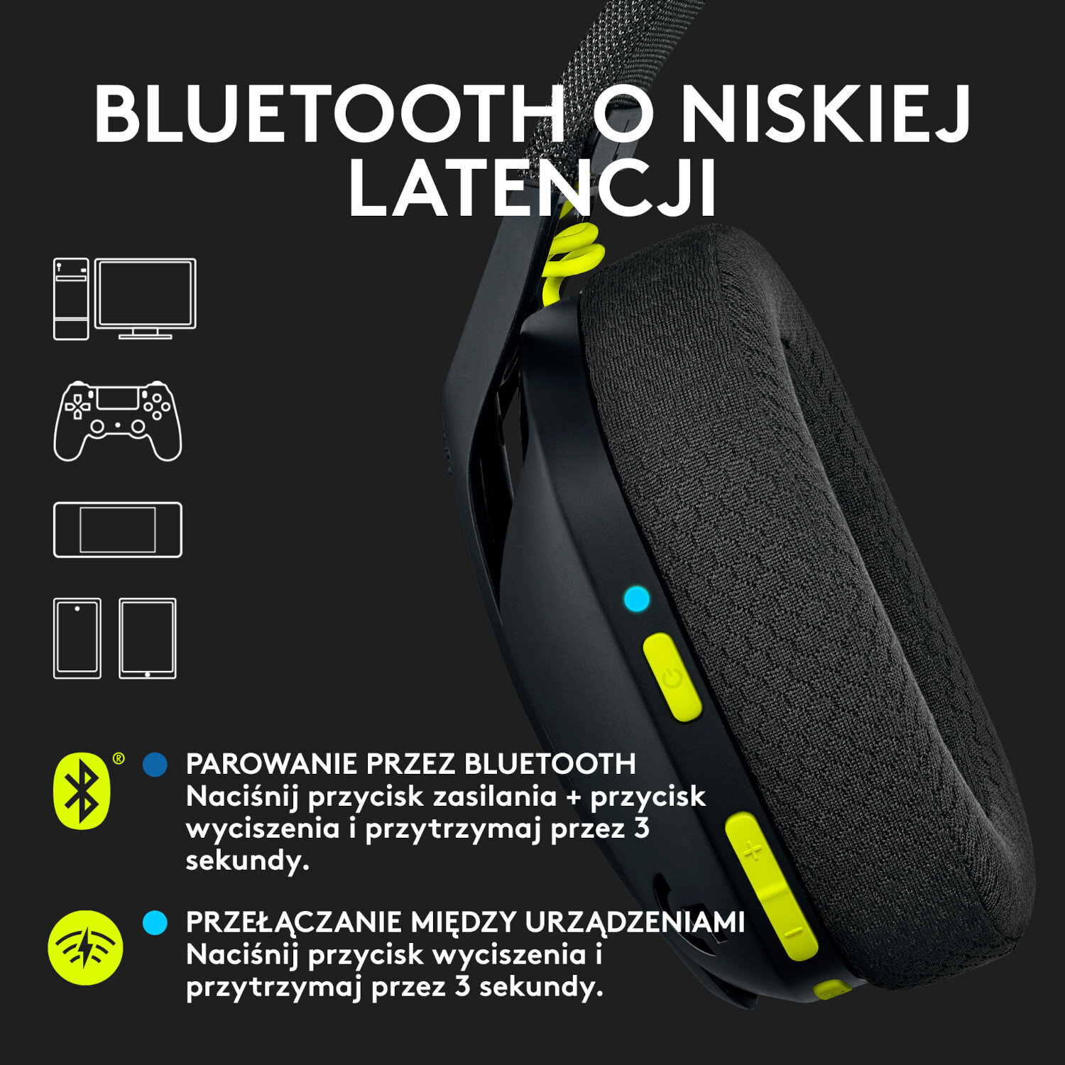 Czarny zestaw słuchawkowy z żółtymi akcentami i tekstem o parowaniu Bluetooth.