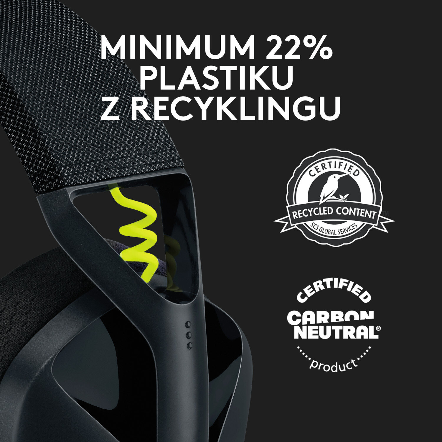 Czarno-szary zestaw słuchawkowy dla graczy z tekstem i dwoma certyfikatami.