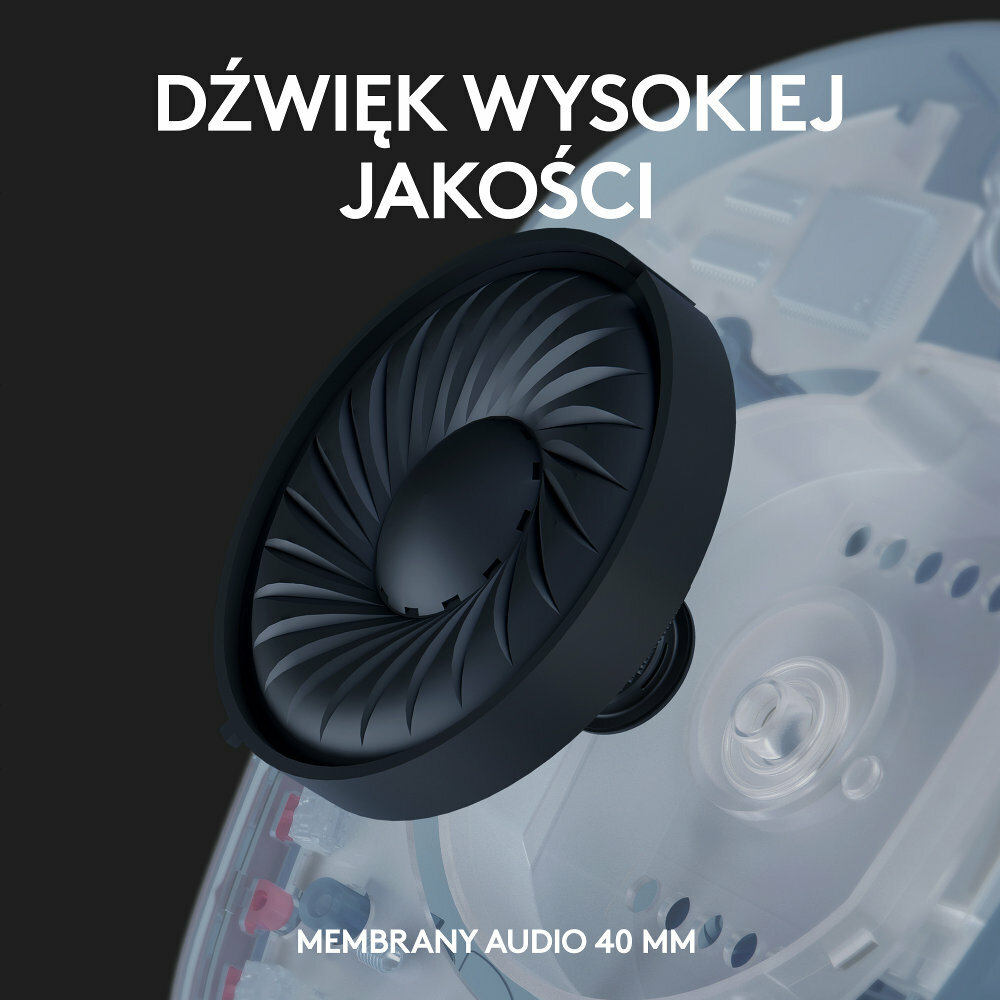 Zbliżenie czarnego głośnika i jego wewnętrznych elementów, z napisem 'MEMBRANY AUDIO 40 MM'.