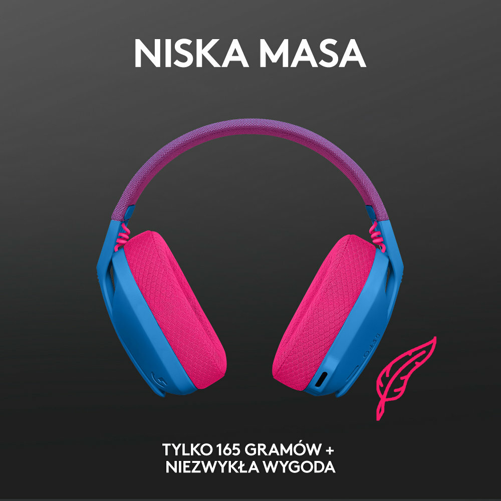 Niebiesko-różowe słuchawki z tekstem 'Niska Masa' i '165 Gramów' wyświetlonym na obrazie.