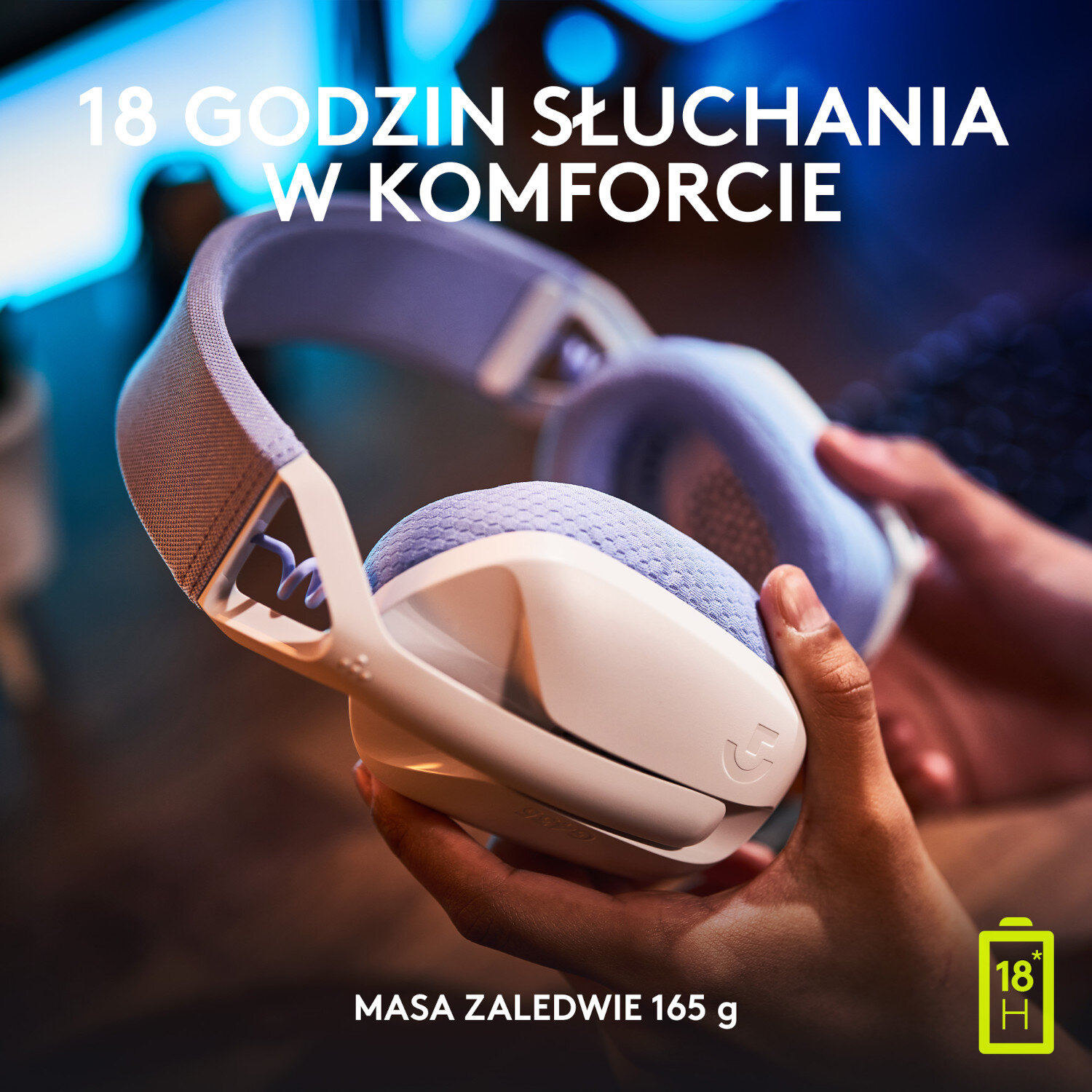 Biało-fioletowy zestaw słuchawkowy, trzymany w dłoniach, ikona baterii.