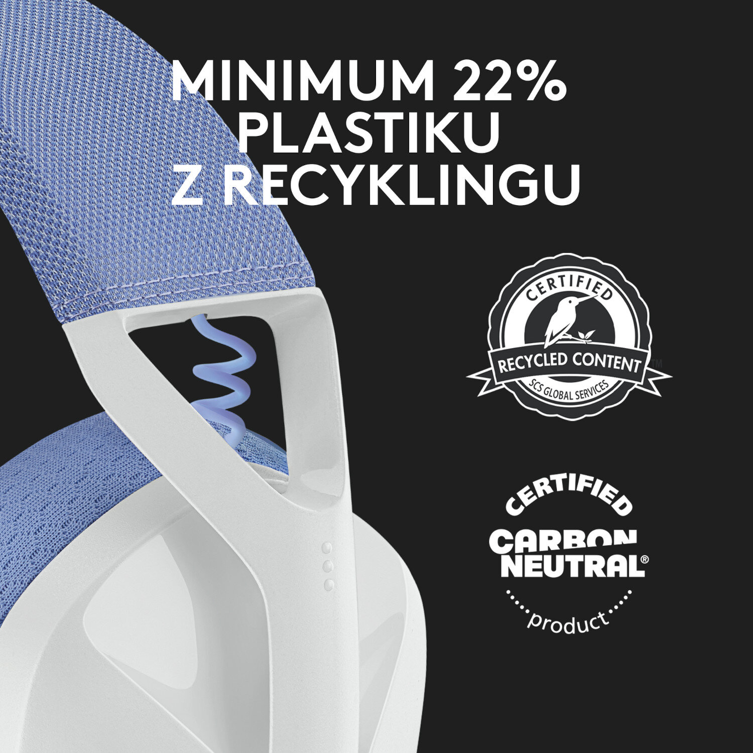 Zbliżenie białego i niebieskiego elementu słuchawek z tekstem: 'Minimum 22% recyklingu tworzyw sztucznych'.