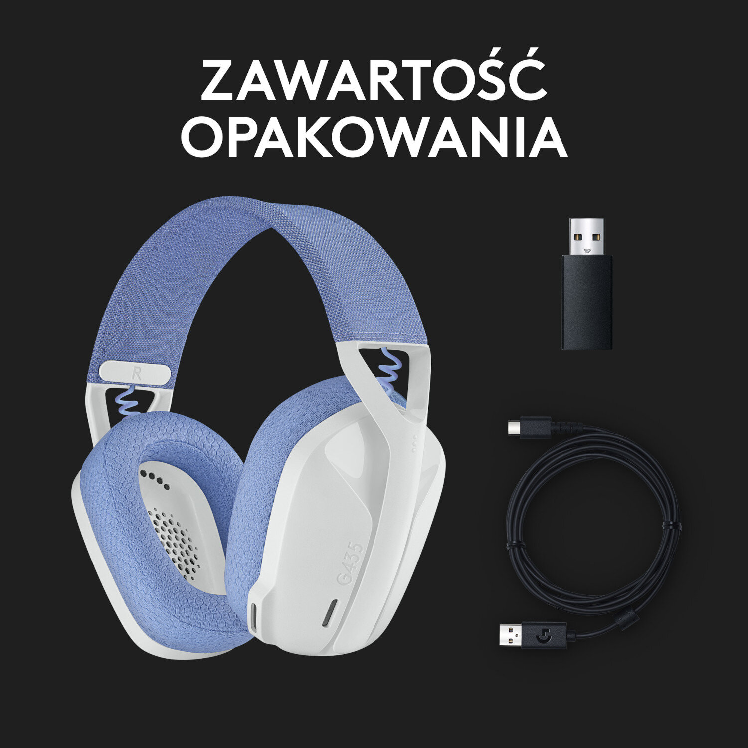 Zawartość słuchawek: Słuchawki, adapter USB, kabel USB i kabel USB-C na czarnym tle.