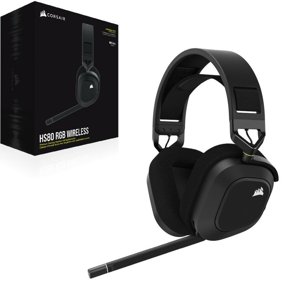 Czarny zestaw słuchawkowy i pudełko Corsair, z wysuniętym mikrofonem, na białej powierzchni.