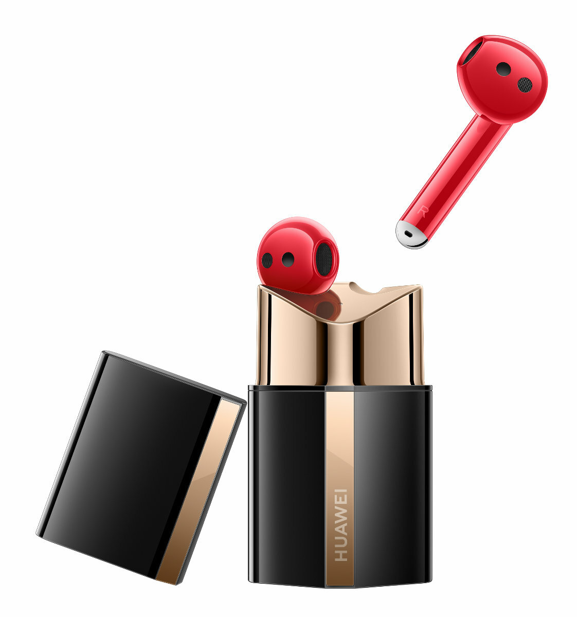 Czerwone słuchawki douszne z czarno-złotym etui ładującym.