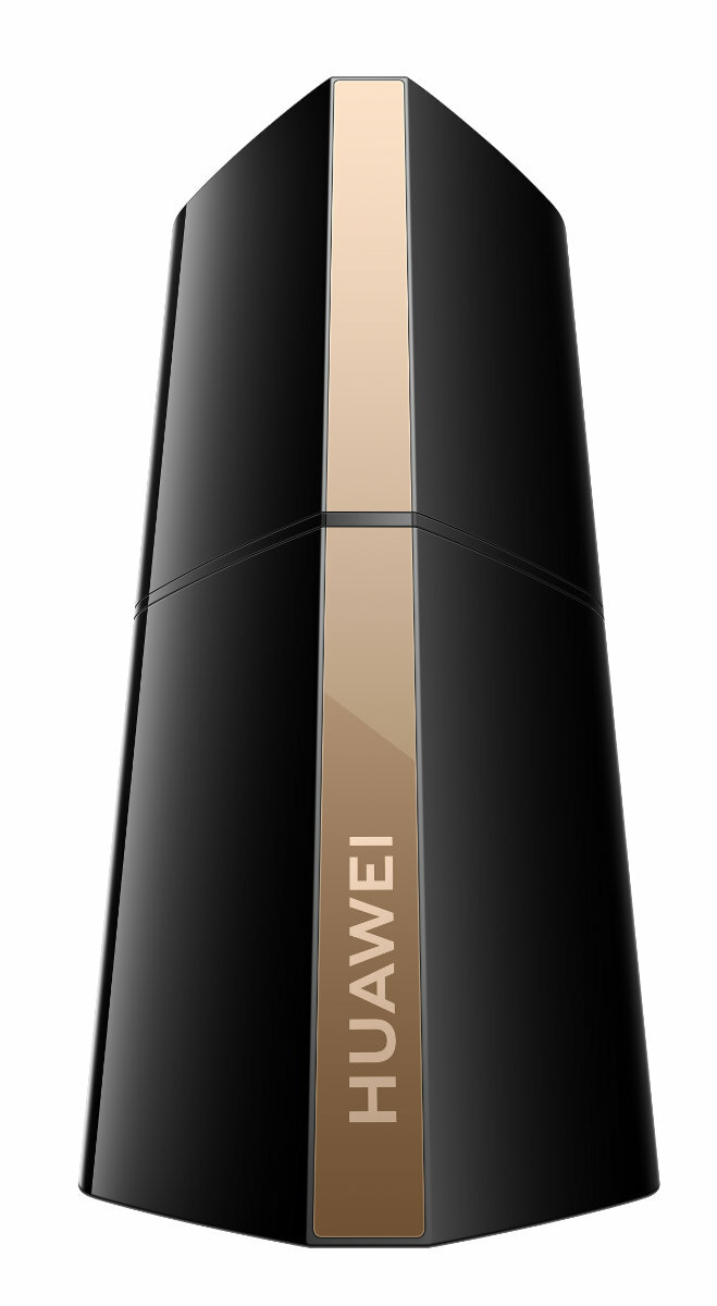 Czarno-złote urządzenie Huawei ma elegancki, wieżowaty design, z widocznym logo Huawei.