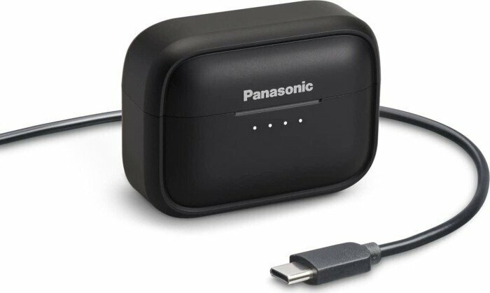 Czarny futerał ładujący Panasonic z dołączonym kablem USB-C. Są białe kontrolki.