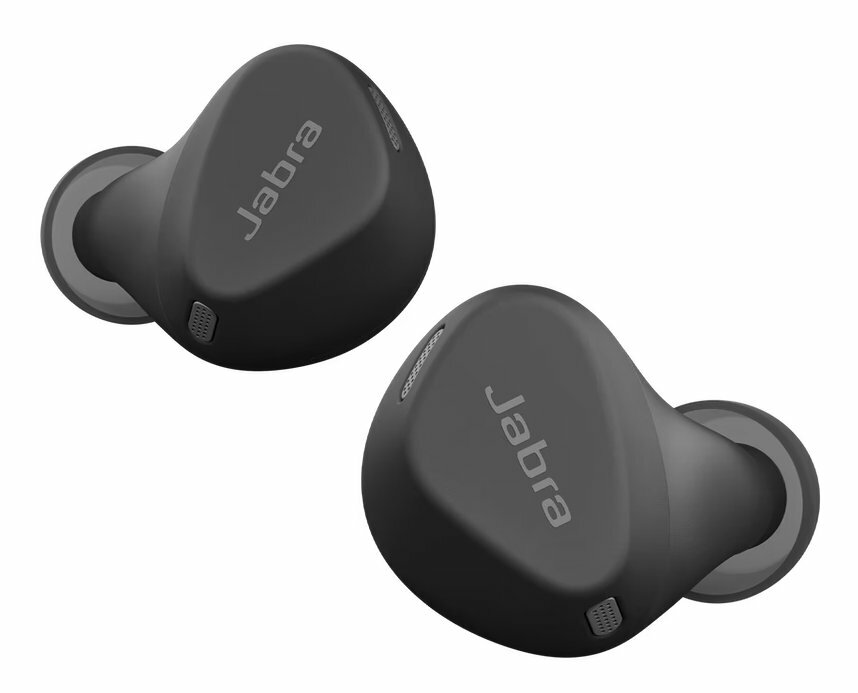 Dwa czarne słuchawki Jabra, widok z boku, logo Jabra na każdym.