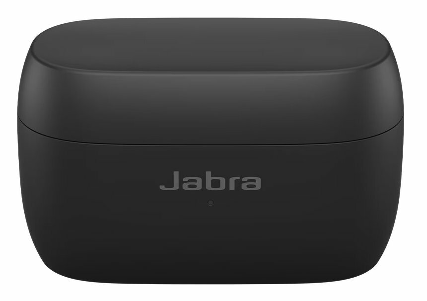 Czarne etui ładujące słuchawki Jabra. Etui jest prostokątne i ma logo Jabra.