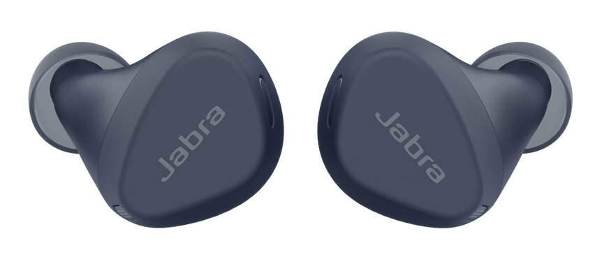 Dwa niebieskie wkładki douszne Jabra. Oba mają logo Jabra. Są na białym tle.