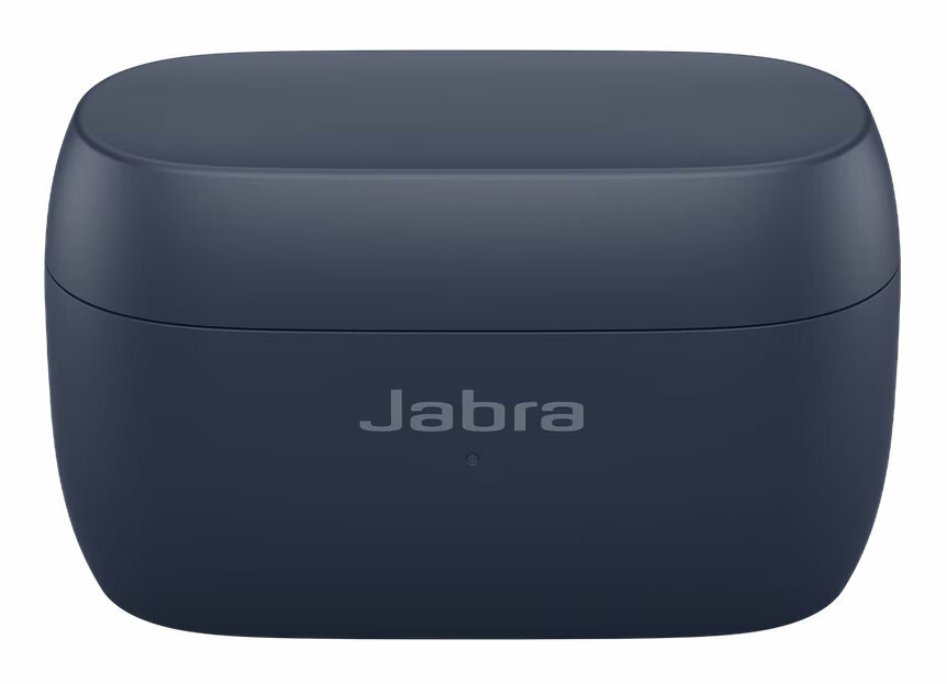 Ciemnoniebieskie etui na słuchawki Jabra z logo Jabra.