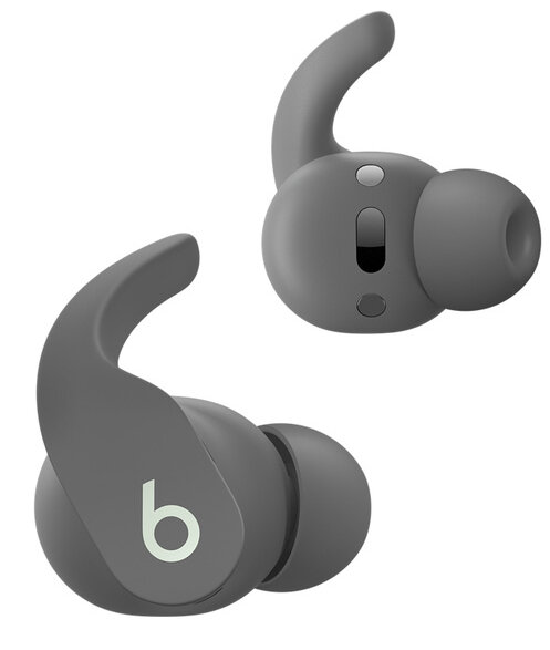 Dwa szare wkładki douszne z haczykami na uszy. Białe tło.