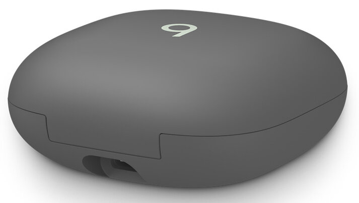 Szare, owalne etui na słuchawki z logo na górze. Jest to zamknięte etui.