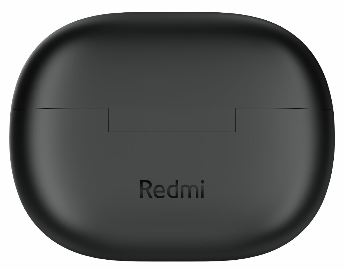 Czarne etui ładujące słuchawek Redmi. Etui jest owalne i ma logo Redmi.