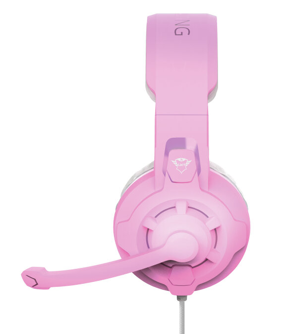 Różowy zestaw słuchawkowy dla graczy z mikrofonem. Zestaw słuchawkowy skierowany jest do widza.