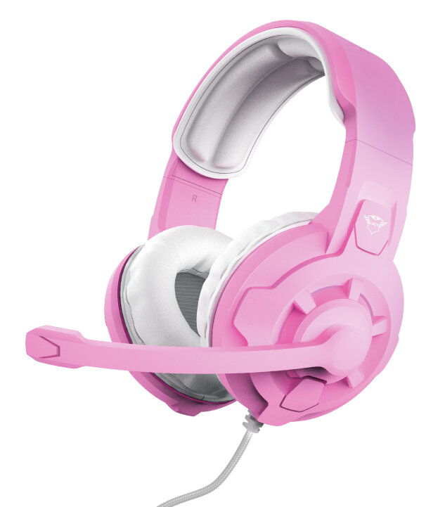 Różowy zestaw słuchawkowy dla graczy z mikrofonem i białymi nausznikami. Białe tło.