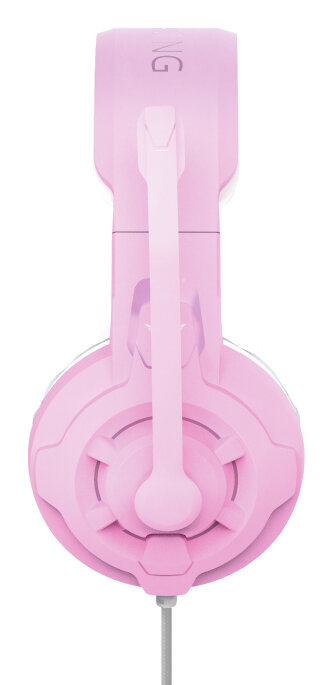 Różowy zestaw słuchawkowy dla graczy, widok z góry, z mikrofonem skierowanym w górę, na białym tle.