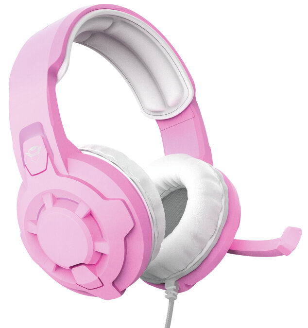 Różowy zestaw słuchawkowy Trust do gier z mikrofonem. Białe nauszniki. Szary kabel.