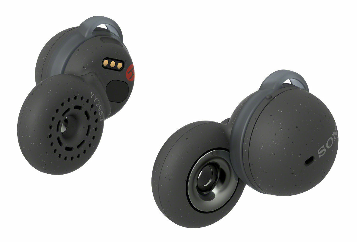 Dwa ciemnoszare, nakrapiane słuchawki. Lewa ma kratkę głośnika; prawa logo Sony. Oba mają haczyki.