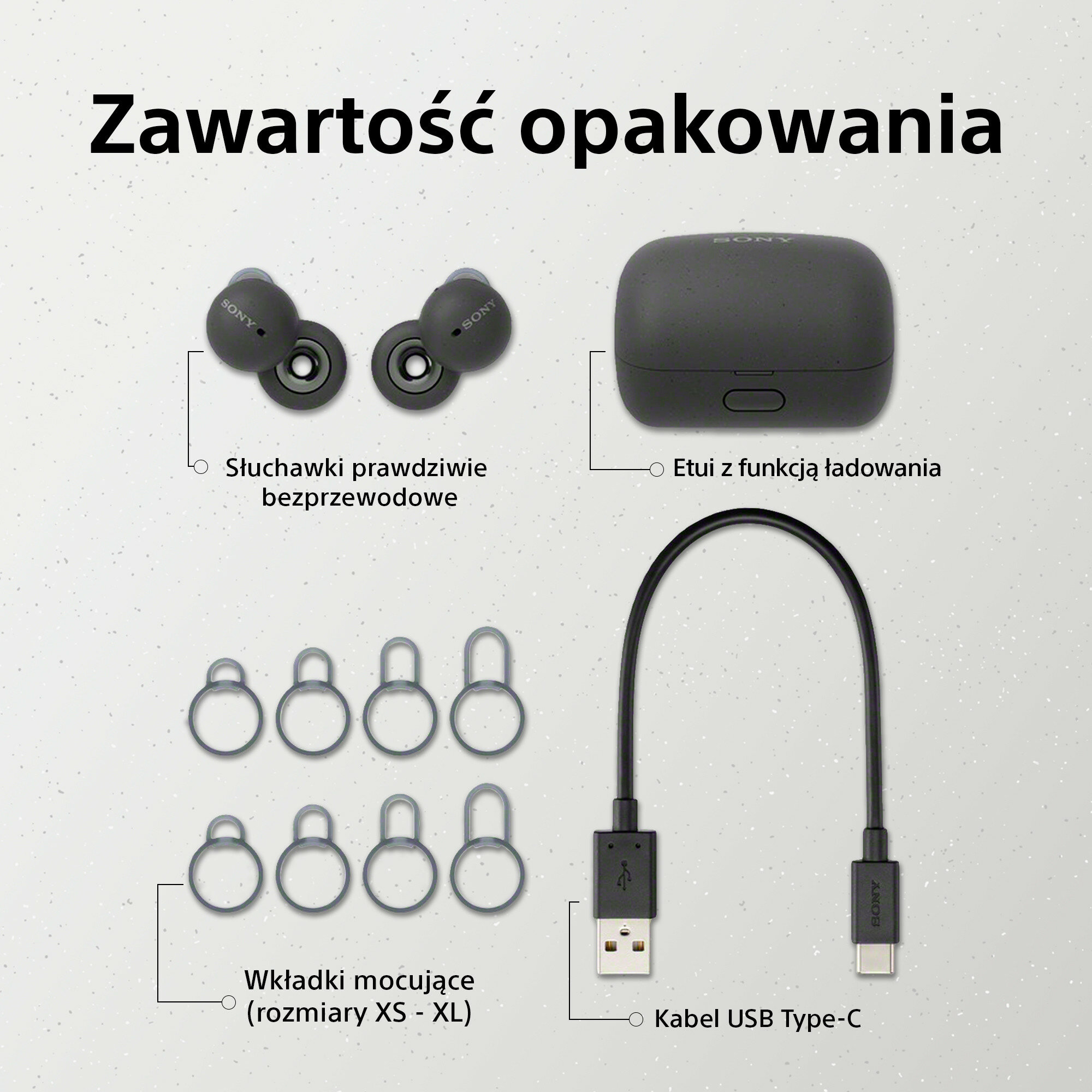 Zawartość opakowania: słuchawki, etui ładujące, wkładki douszne i kabel USB. Wszystkie elementy są czarne.