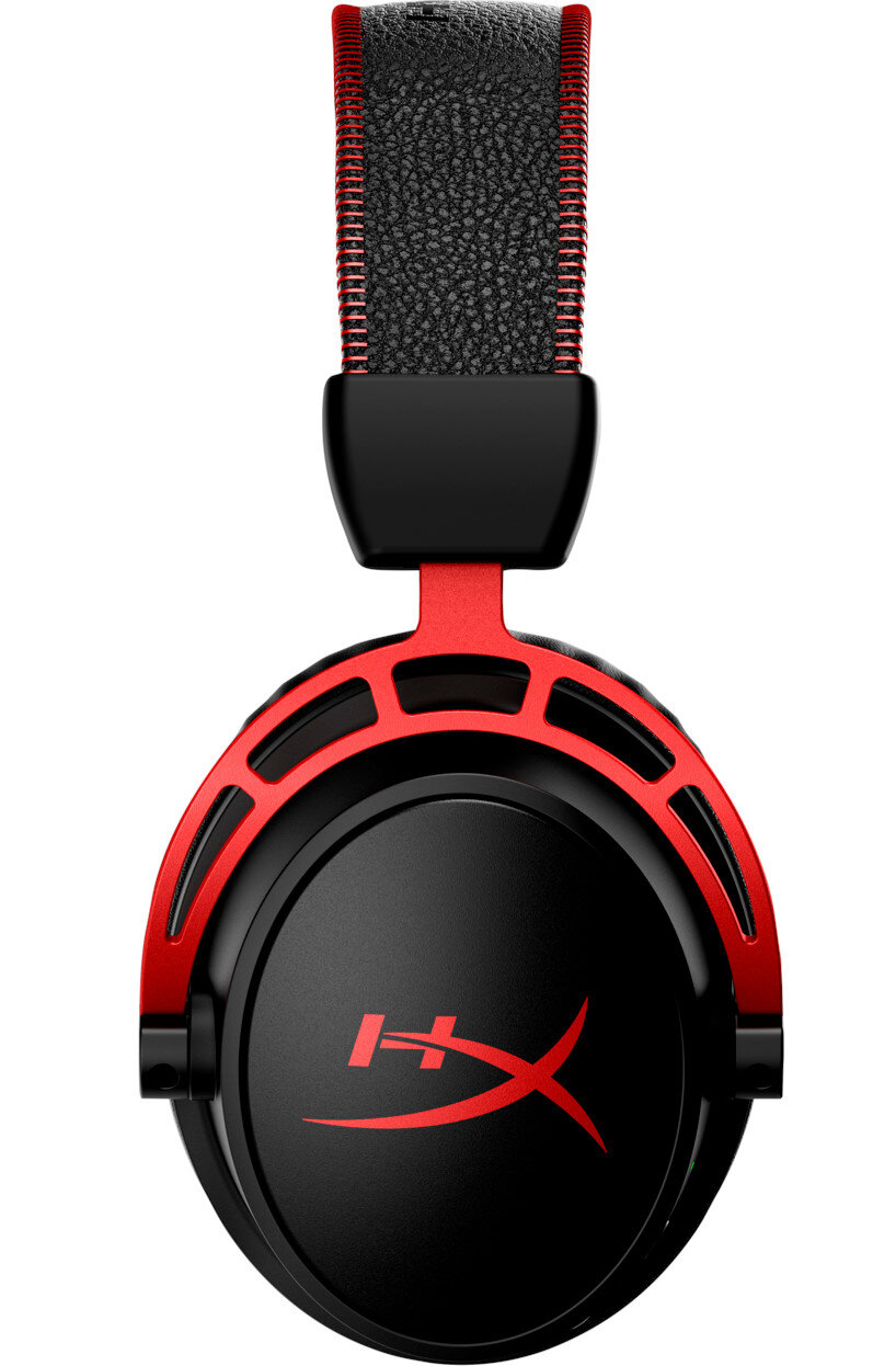 Czarny i czerwony zestaw słuchawkowy dla graczy z czerwonym logo. Zestaw słuchawkowy skierowany jest do przodu.