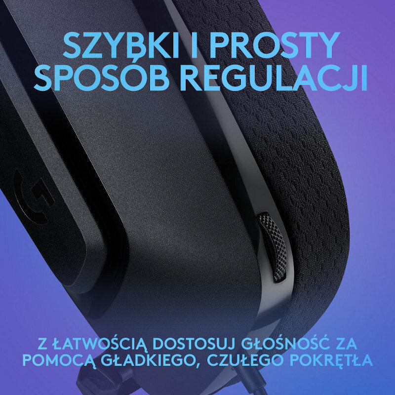 Zbliżenie czarnego zestawu słuchawkowego. Tekst mówi: 'Łatwo regulować głośność za pomocą płynnego, czułego pokrętła'.