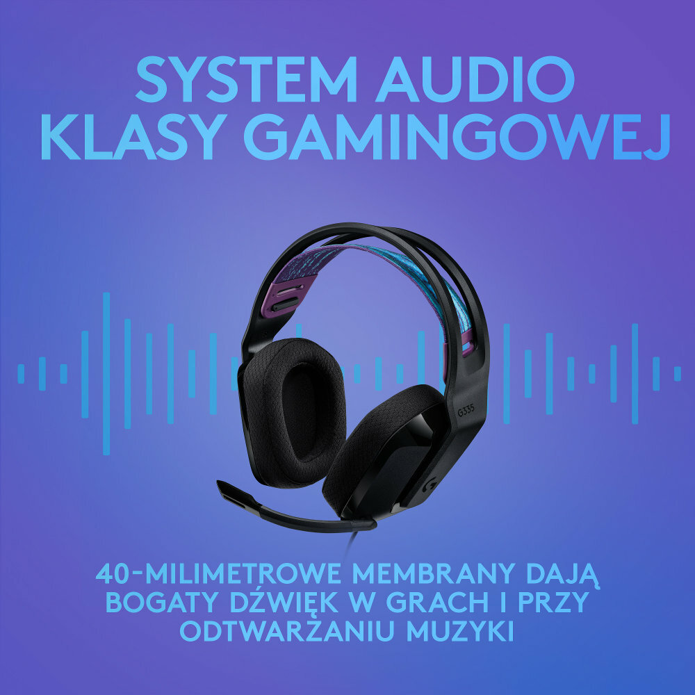 Czarny zestaw słuchawkowy dla graczy z niebieskimi akcentami na fioletowym tle.