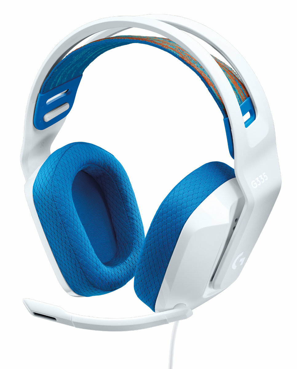 Biały zestaw słuchawkowy dla graczy z niebieskimi nausznikami i akcentami na pałąku, mikrofonem i białym kablem.