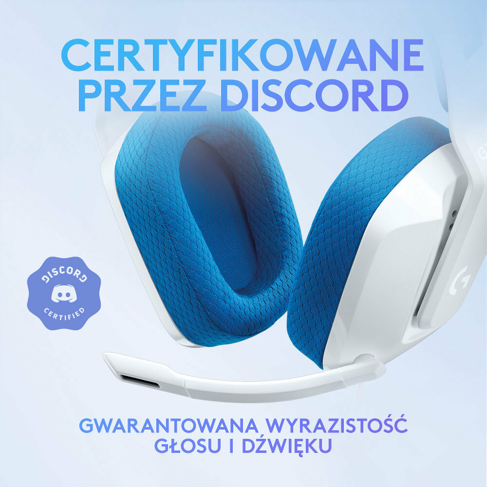 Biało-niebieski zestaw słuchawkowy dla graczy, zbliżenie, z logo Discord Certified.