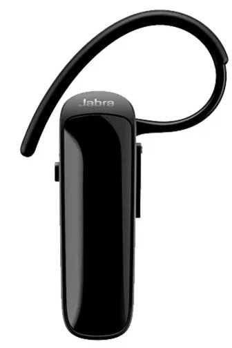 Czarny zestaw słuchawkowy Bluetooth Jabra. Posiada zakrzywiony zaczep na ucho i prostokątny korpus.